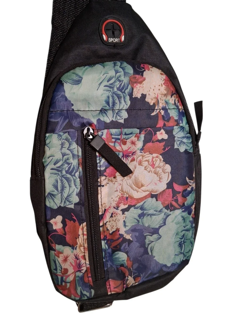 Women's Floral Print Crossbody Sling Backpack Black Botanical Daypack Chest Bag